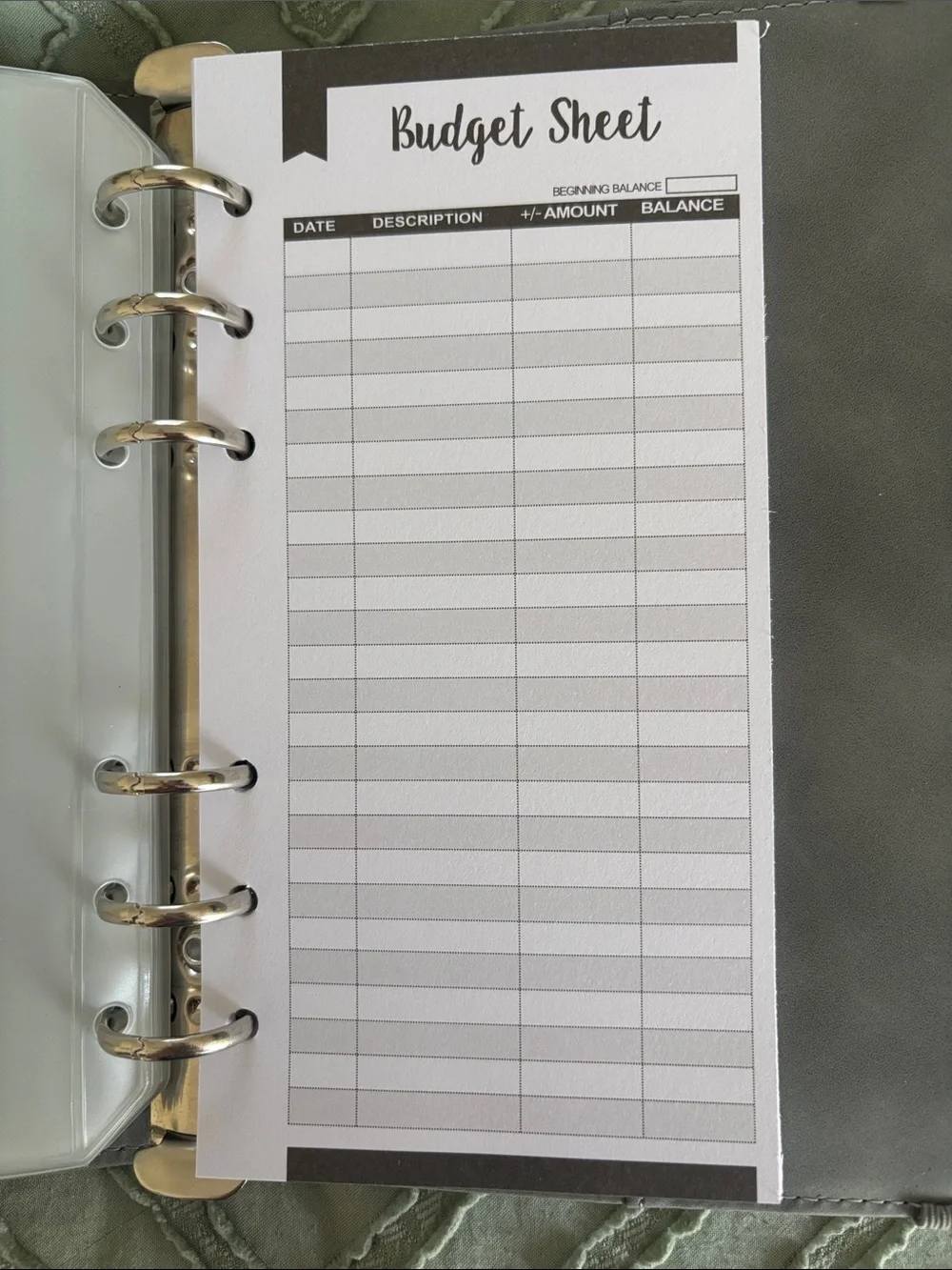 Grey budget binder with zipper pockets and budget tracker sheets